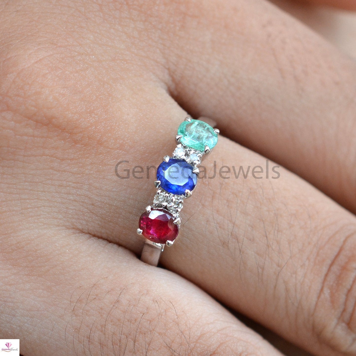 Natural Faceted Gemstone Ring, Emerald Ruby Sapphire Ring, Diamond Silver Ring, Gemstone Band Ring, 925 Silver Jewelry, Valentine Day Gift