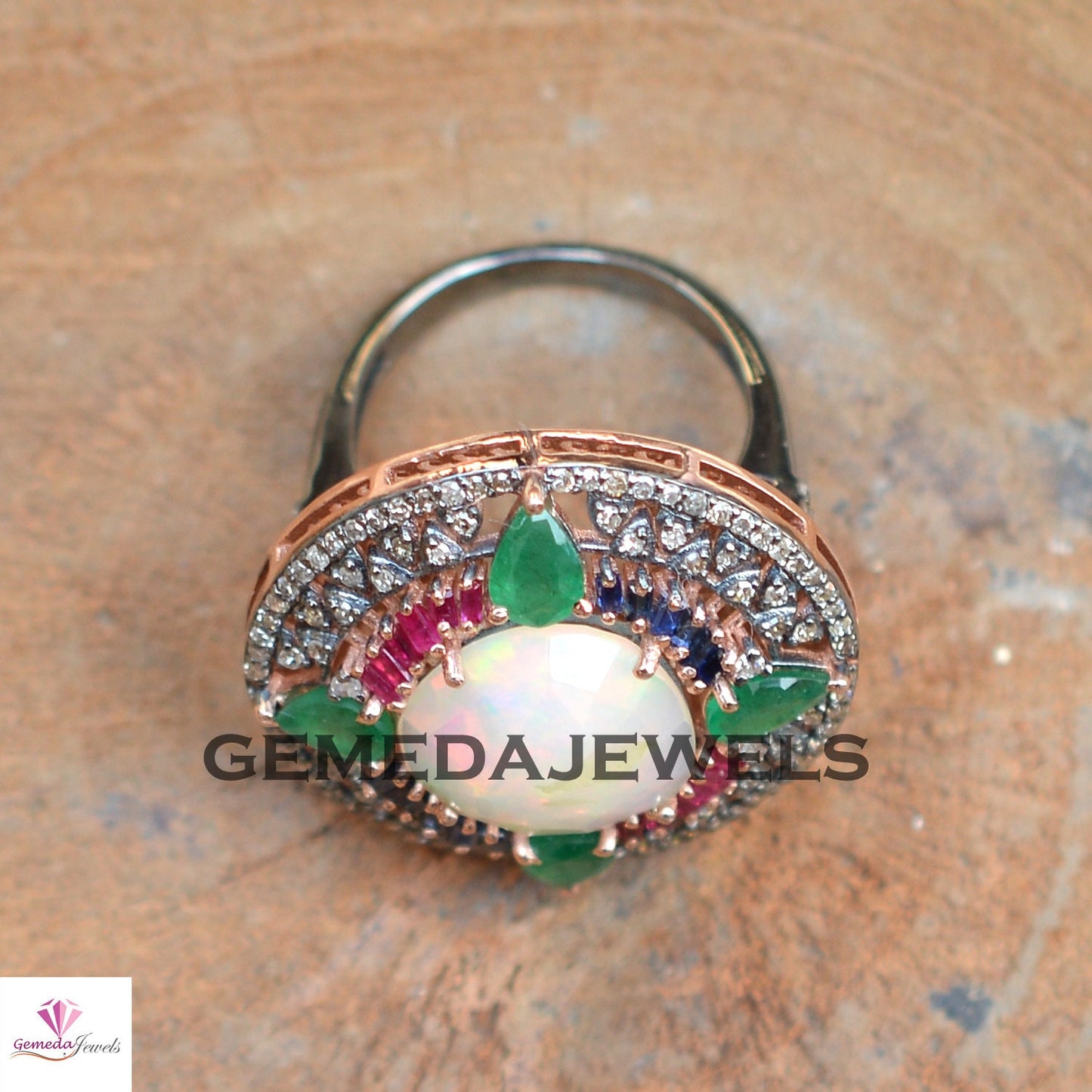 Genuine Opal 925 Silver Ring, Pave Diamond Jewelry, Baguette Gemstone Jewelry, Gemstone Diamond Flower Ring, Emerald Gemstone Ring, Gift