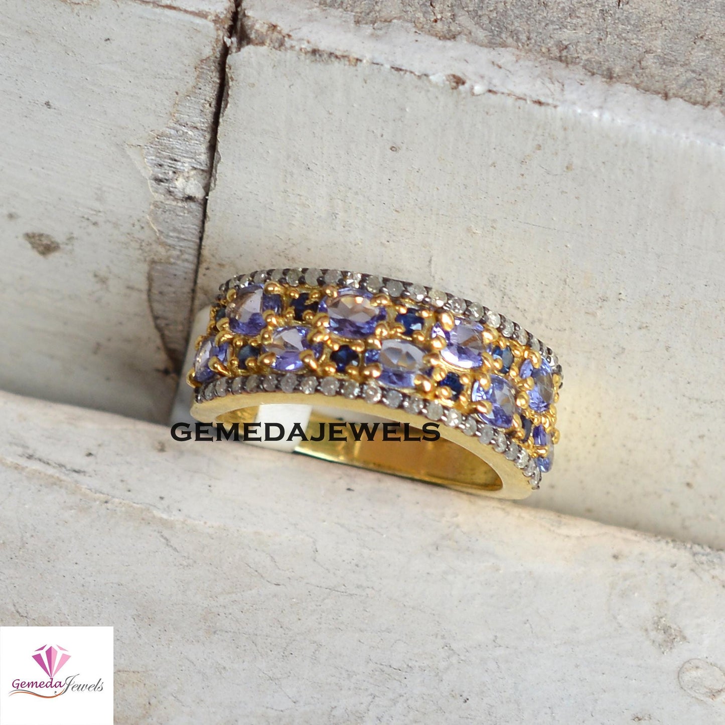 Natural Tanzanite Gemstone Ring, Sapphire Band Ring Jewelry, Pave Diamond Ring, Solid 925 Silver Jewelry, 14k Gold Plated Jewelry, Gift