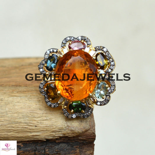 Gorgeous Citrine Silver Ring, Multi Gemstone Jewelry, 925 Silver Ring, Pave Diamond Jewelry, Yellow Gold Vermeil Ring, Gift For Anniversary