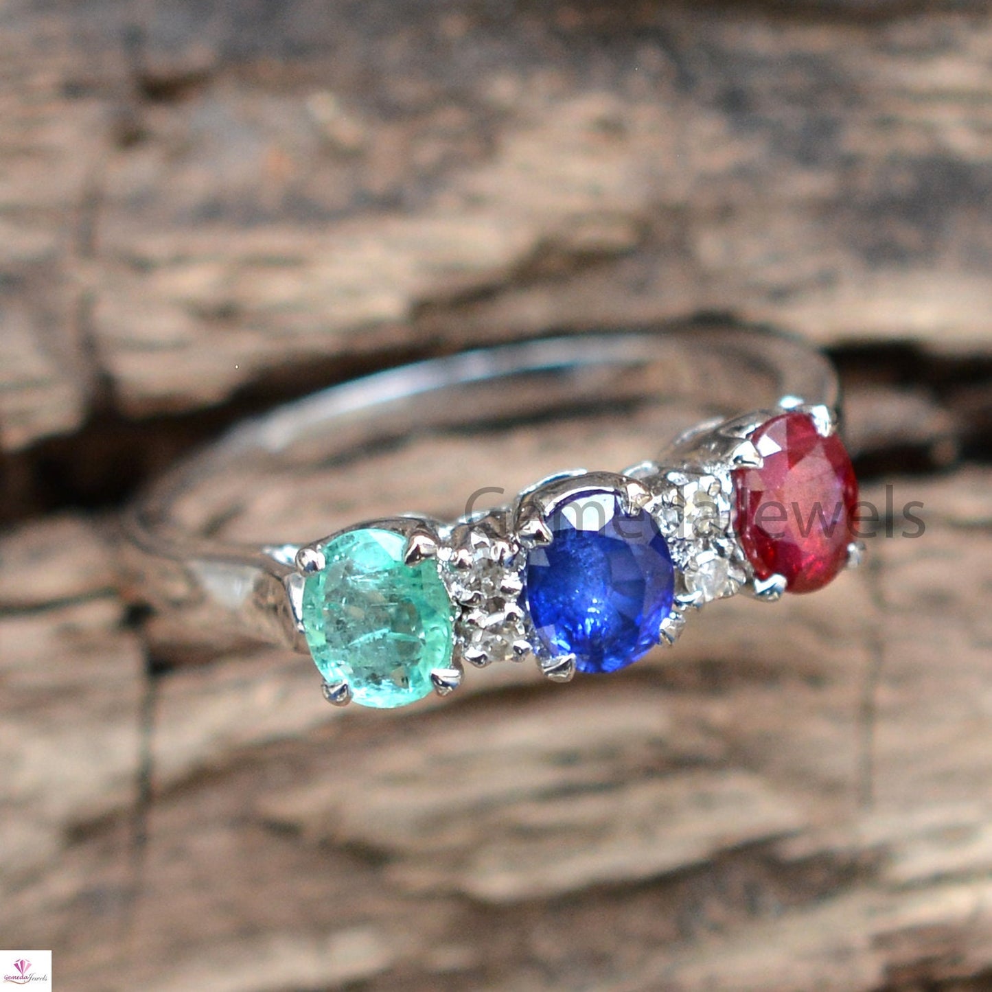 Natural Faceted Gemstone Ring, Emerald Ruby Sapphire Ring, Diamond Silver Ring, Gemstone Band Ring, 925 Silver Jewelry, Valentine Day Gift
