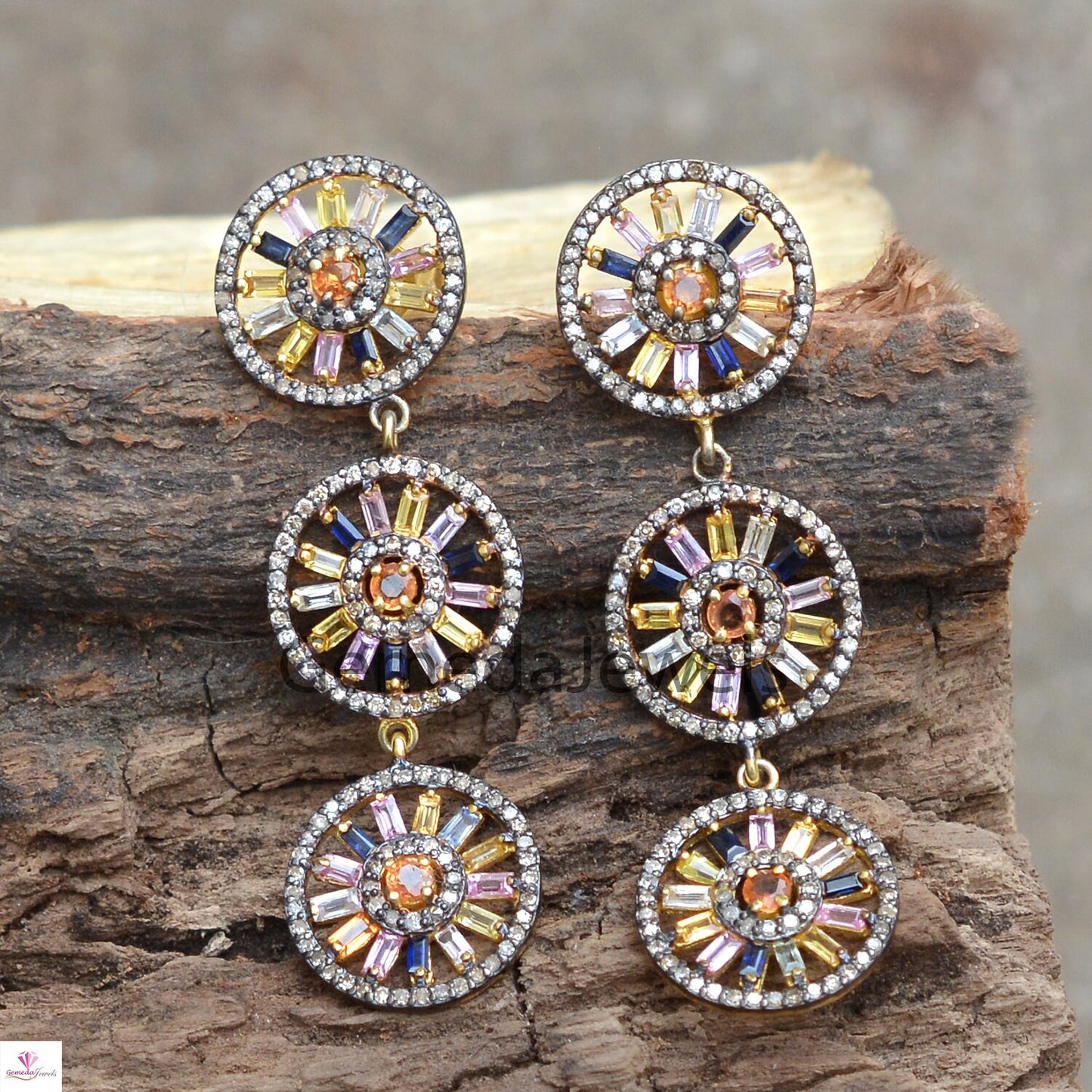 Multi Sapphire Earrings, Pave Diamond Disc Earrings, 925 Silver Jewelry, Gold Vermeil Earrings, Designer Dangle Earring, Valentine Day Gifts