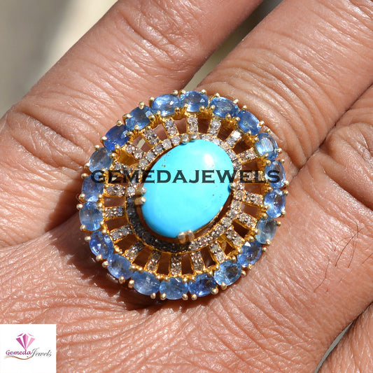 Blue Turquoise Silver Ring, Sapphire Gemstone Ring, Gemstone Flower Jewelry, Pave Diamond Ring, 925 Silver 14k Gold Plated Jewelry, Gifts