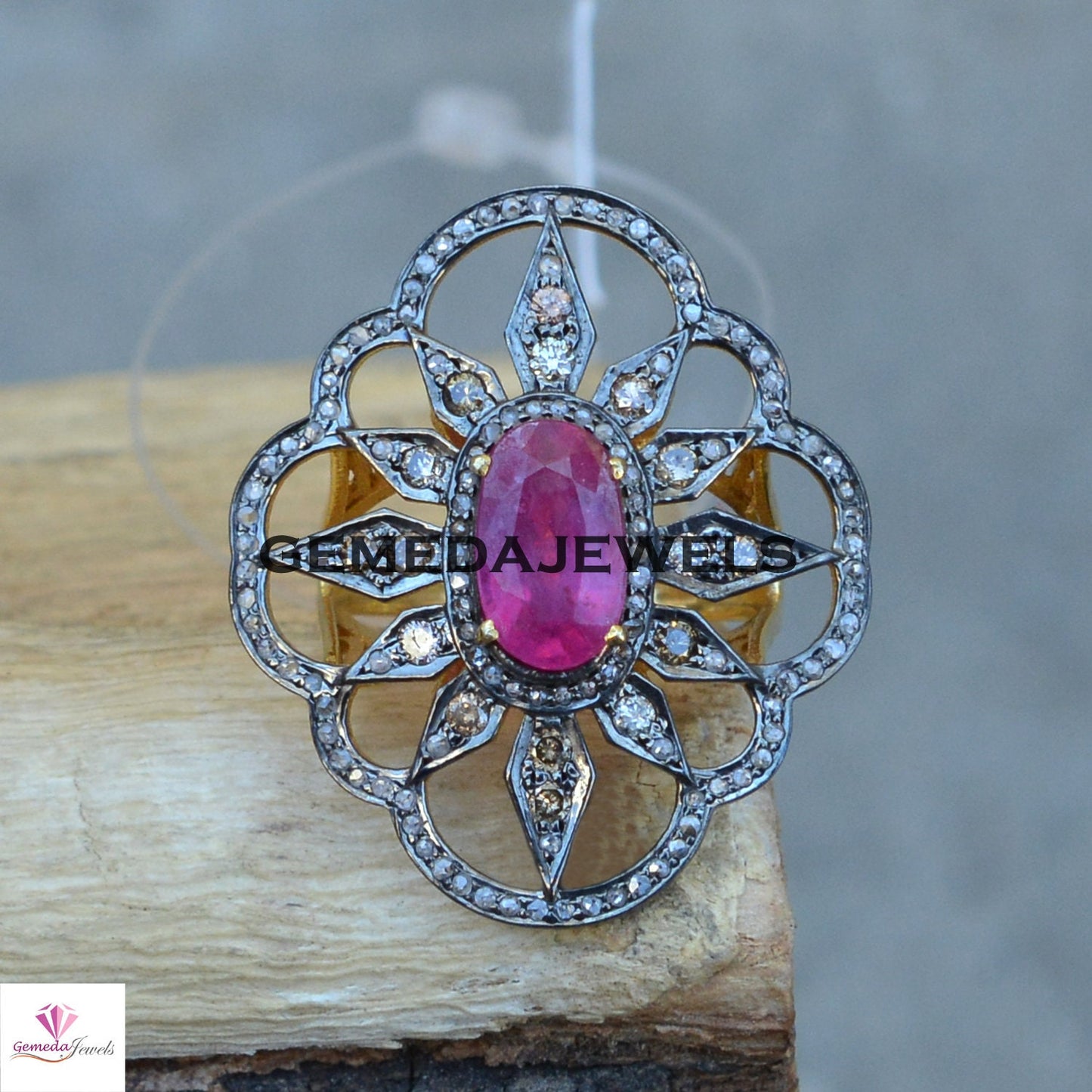 Ruby Gemstone Ring, Diamond Flower Ring, 925 Silver Jewelry, Gemstone Silver Jewelry, Gold Vermeil Ring, Gemstone Floral Ring, Gift For Her