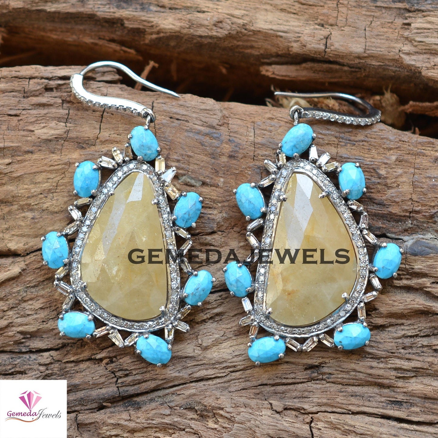 Sapphire Slice Gemstone Earrings, Turquoise Earrings Jewelry, Baguette Diamond Pave Jewelry, 925 Silver Ear Wire Earring, Mothers Day Gift