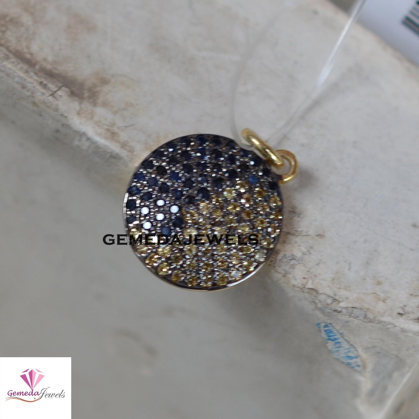 Natural Sapphire Pendant, Citrine Gemstone Pendant, 16" Silver Link Chain Necklace, Pave Diamond Jewelry, Disc Charm Pendant, Minimalist