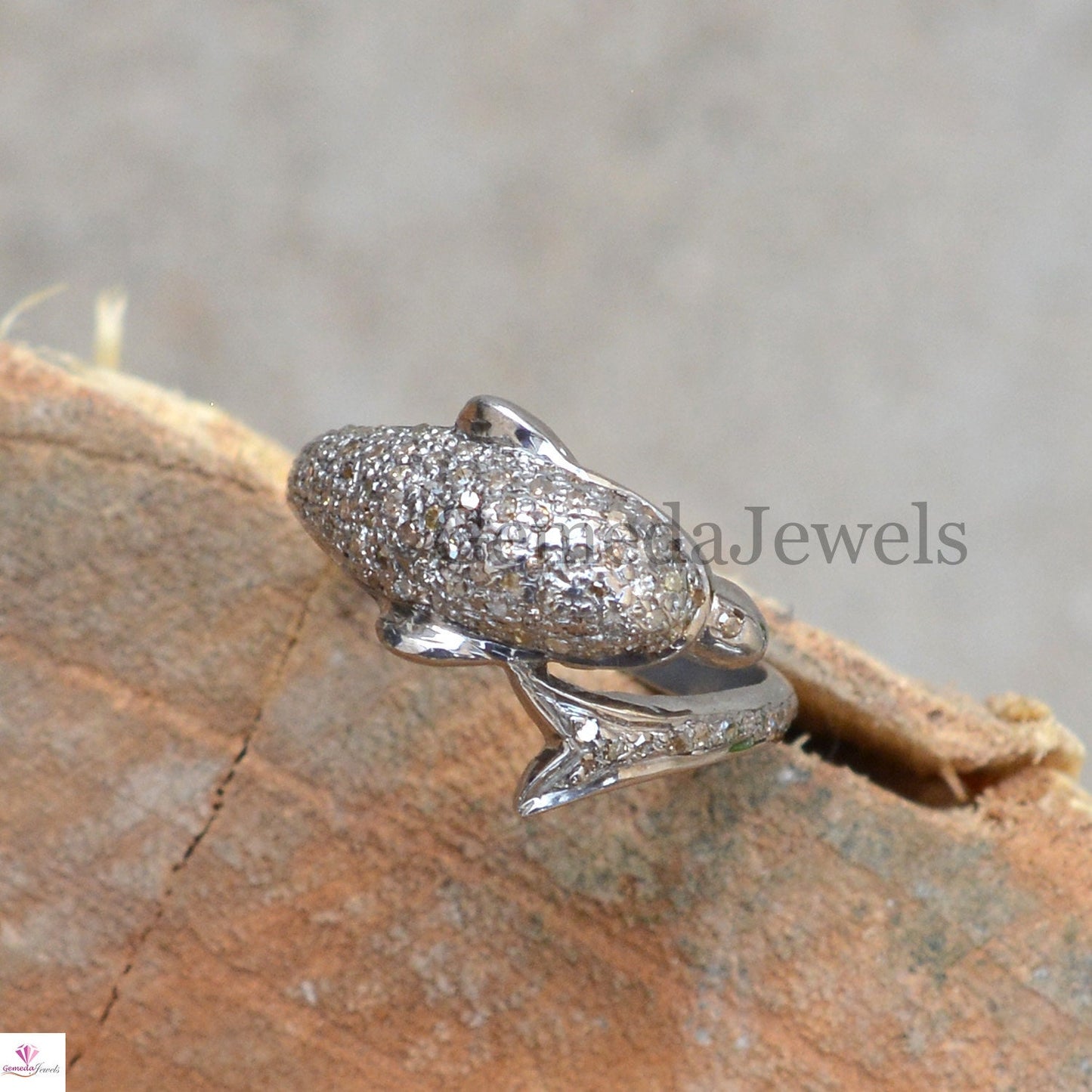 Natural Pave Diamond Dolphin Ring, Handmade Ring Jewelry, Pave Diamond Ring Jewelry, 925 Sterling Silver Ring, Animal Jewelry, Gift For her
