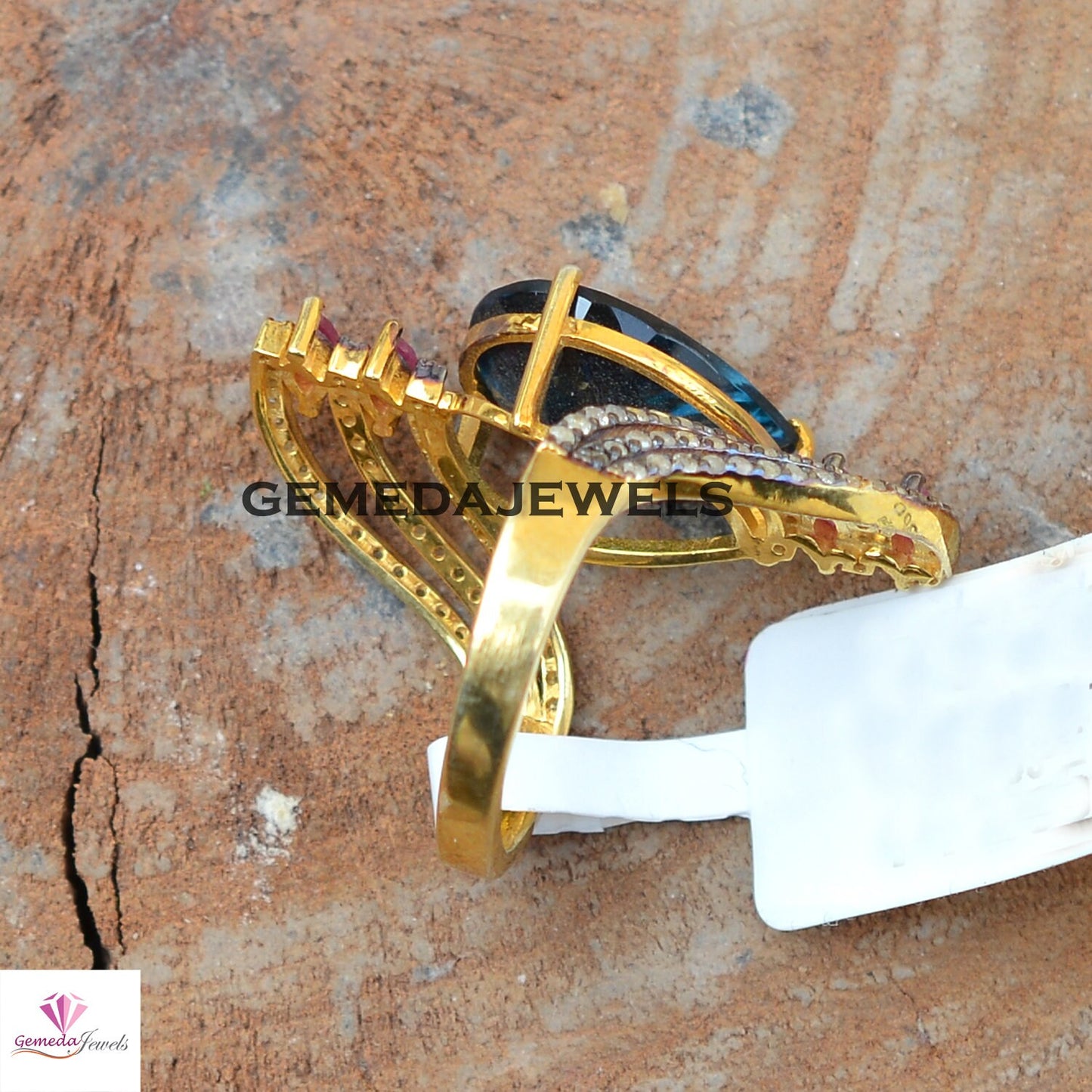 Sparkling Blue Topaz Ring, Pave Diamond Jewelry, Ruby Gemstone Ring, 925 Silver 14k Gold Plated Jewelry, Wedding Gift Jewelry, Gift For Her