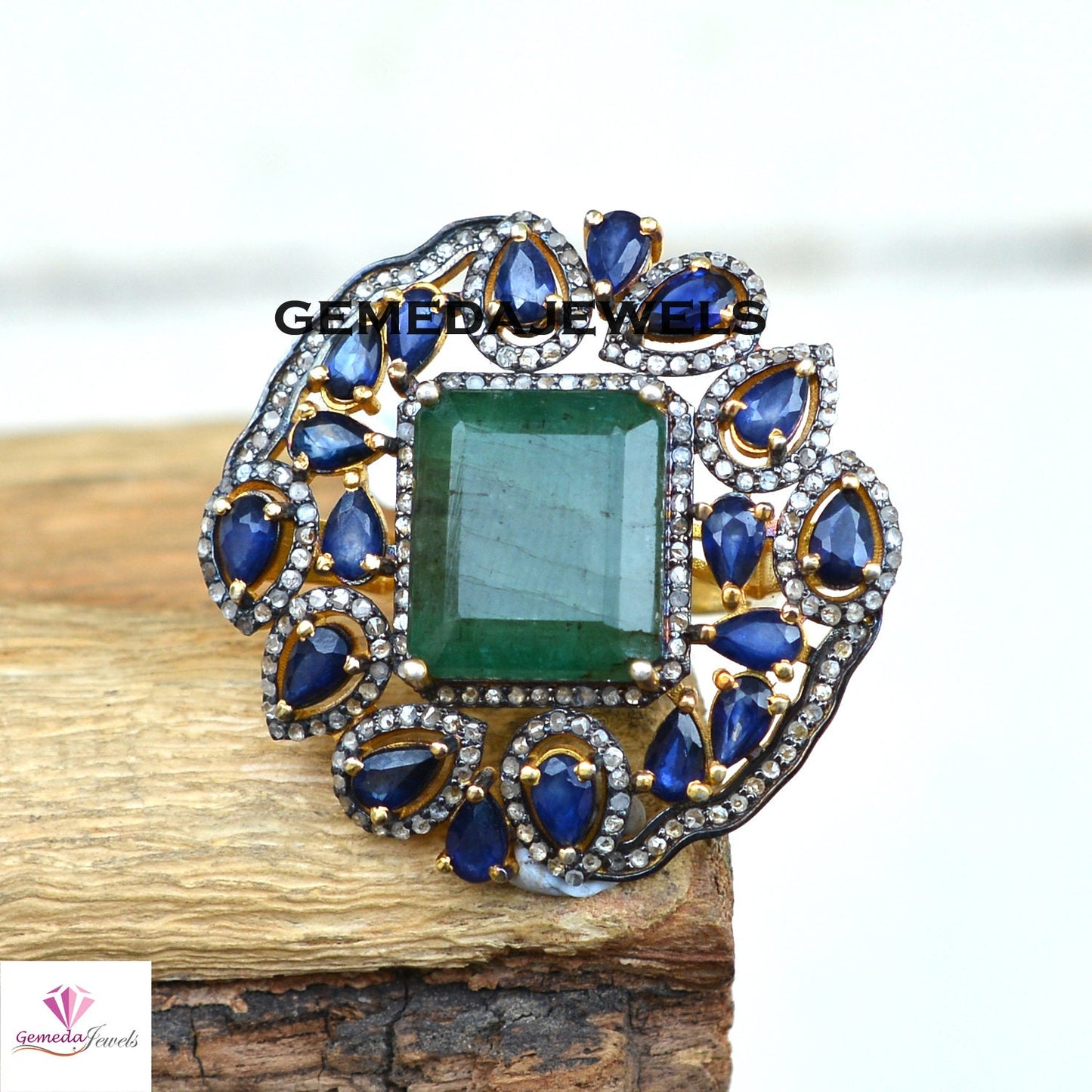 Sale!! Real Emerald Gemstone Ring, Sapphire Gemstone Jewellery, Pave Diamond Ring, Solid 925 Silver 14k Gold Plated Ring, Mothers Day Gift