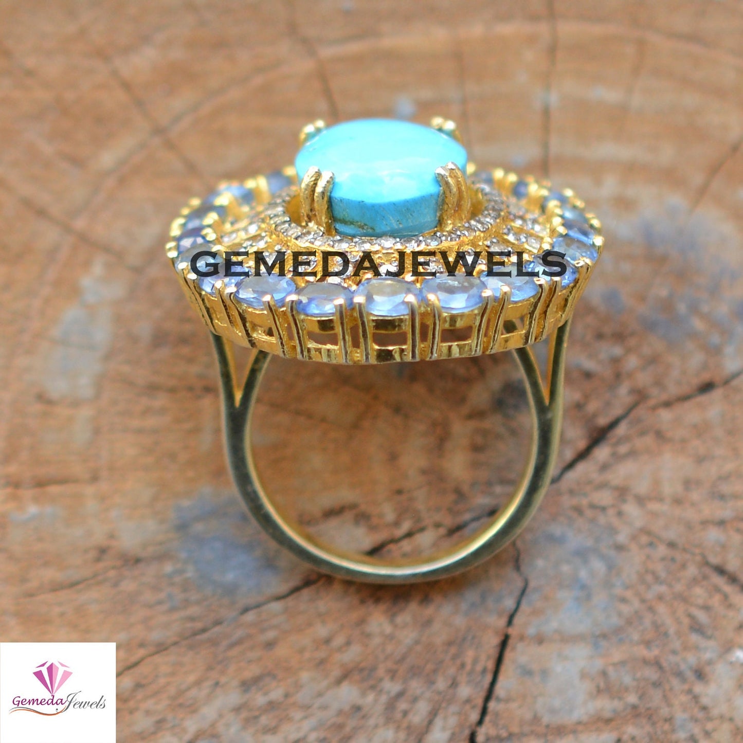 Blue Turquoise Silver Ring, Sapphire Gemstone Ring, Gemstone Flower Jewelry, Pave Diamond Ring, 925 Silver 14k Gold Plated Jewelry, Gifts