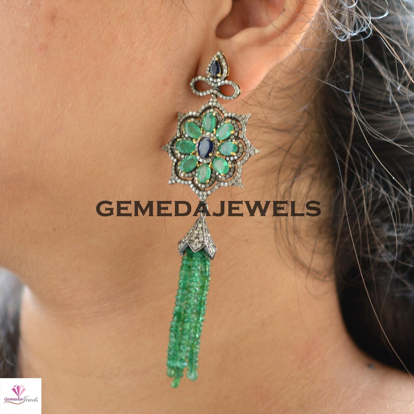 Sapphire Floral Earrings, Emerald Tassel Beads Earring Jewelry, Gemstone Earrings Jewelry, Pave Diamond Jewelry, Solid 925 Silver Earrings