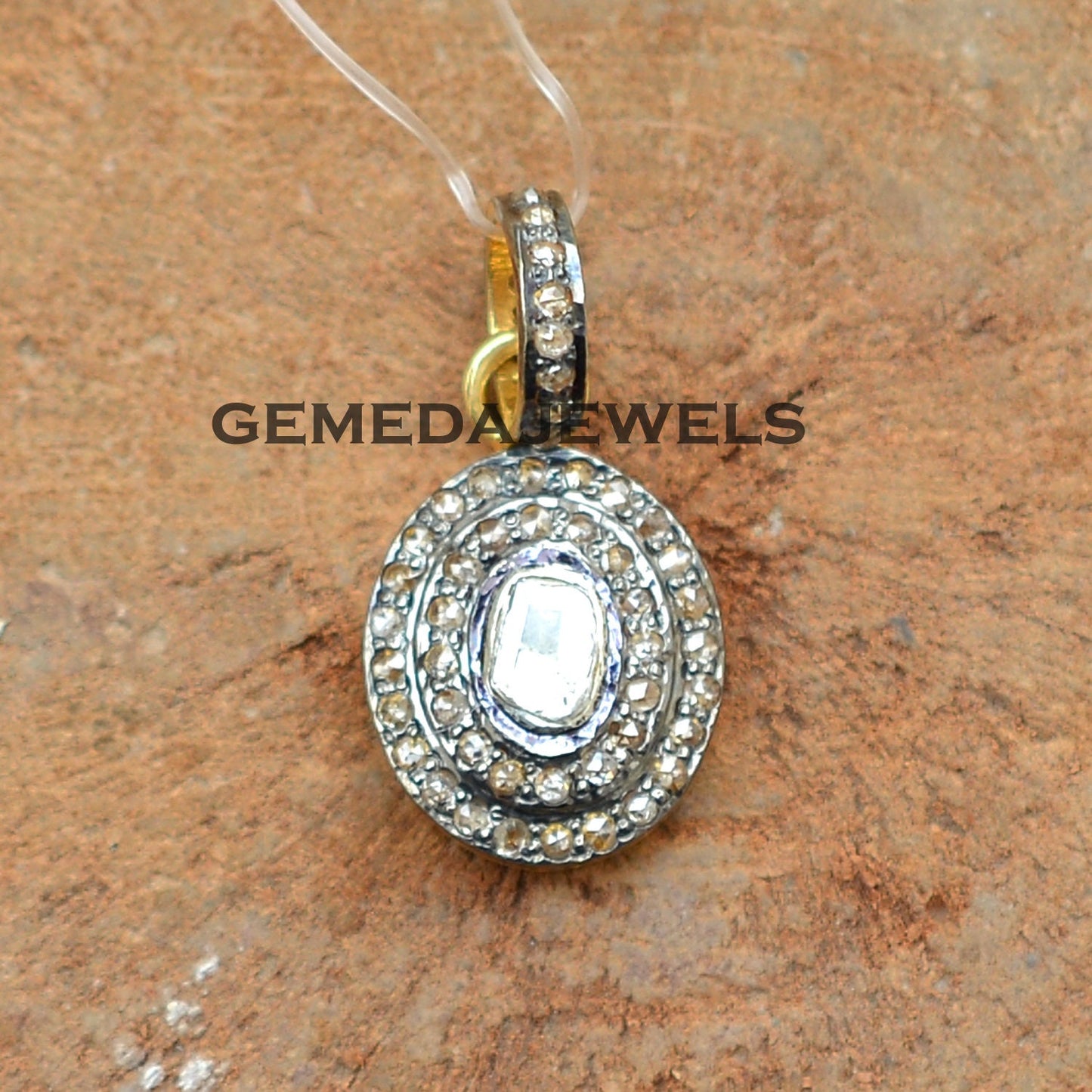 Oval Shape Polki Diamond Pendant, 925 Sterling Silver Pave Jewelry, 14k Gold Plated Jewelry, 16" Silver Link Chain Pendant Necklace, Gift