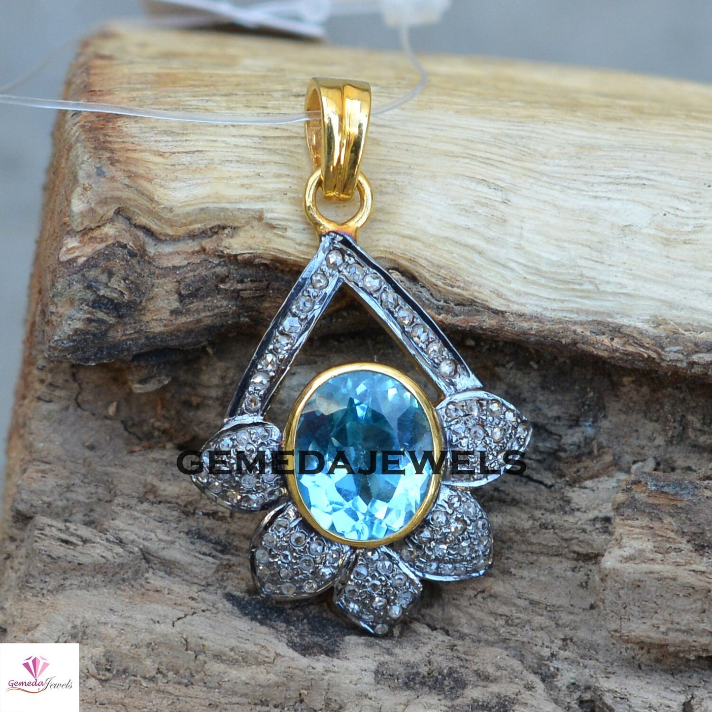 Blue Topaz Pendant, 925 Silver Jewelry, Gold Filled Pendant, Diamond Pendant Necklace, 16" Chain Necklace, Gemstone Flower Pendant, Gifts