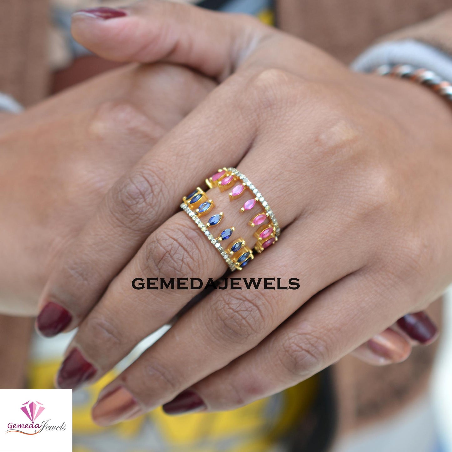 Sale! Natural Ruby Gemstone Ring, Sapphire Gemstone Jewelry, 14k Gold Plated Jewelry, 925 Silver Ring, TWO IN ONE Band Ring, Gift For Her