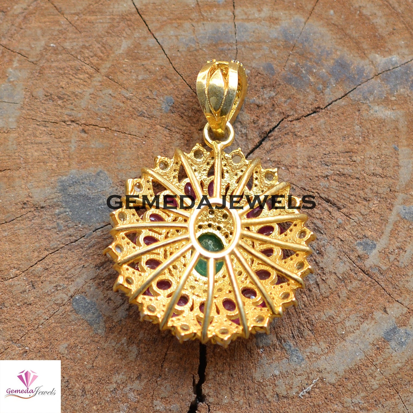Natural Emerald Gemstone Pendant, Ruby 925 Silver Pendant, Pave Diamond Jewelry, Gemstone Flower Pendant, Gold Vermeil Jewelry, Gift For Her