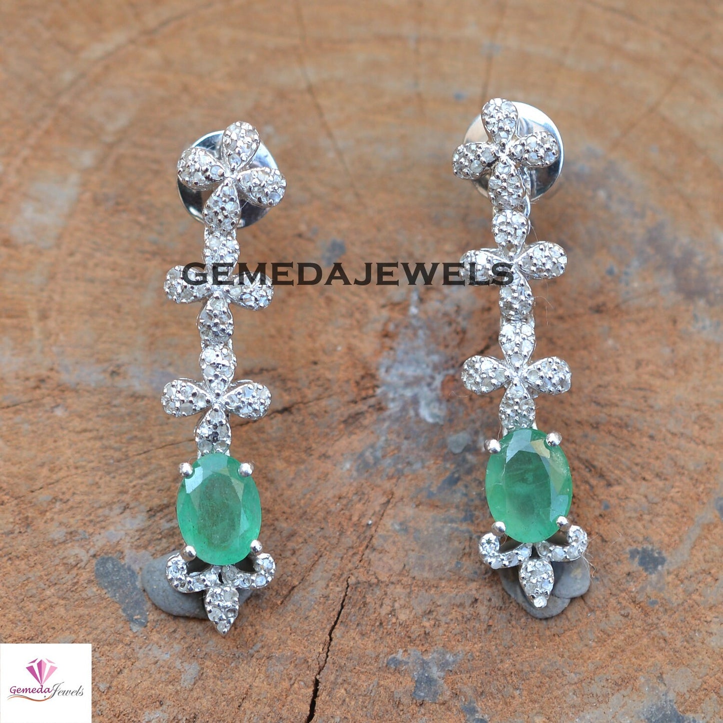 Beautiful Emerald Necklace, Pave Diamond Jewelry, Emerald Necklace Earrings Jewelry Set, 925 Silver Jewelry, 18" Necklace Earrings Set, Gift