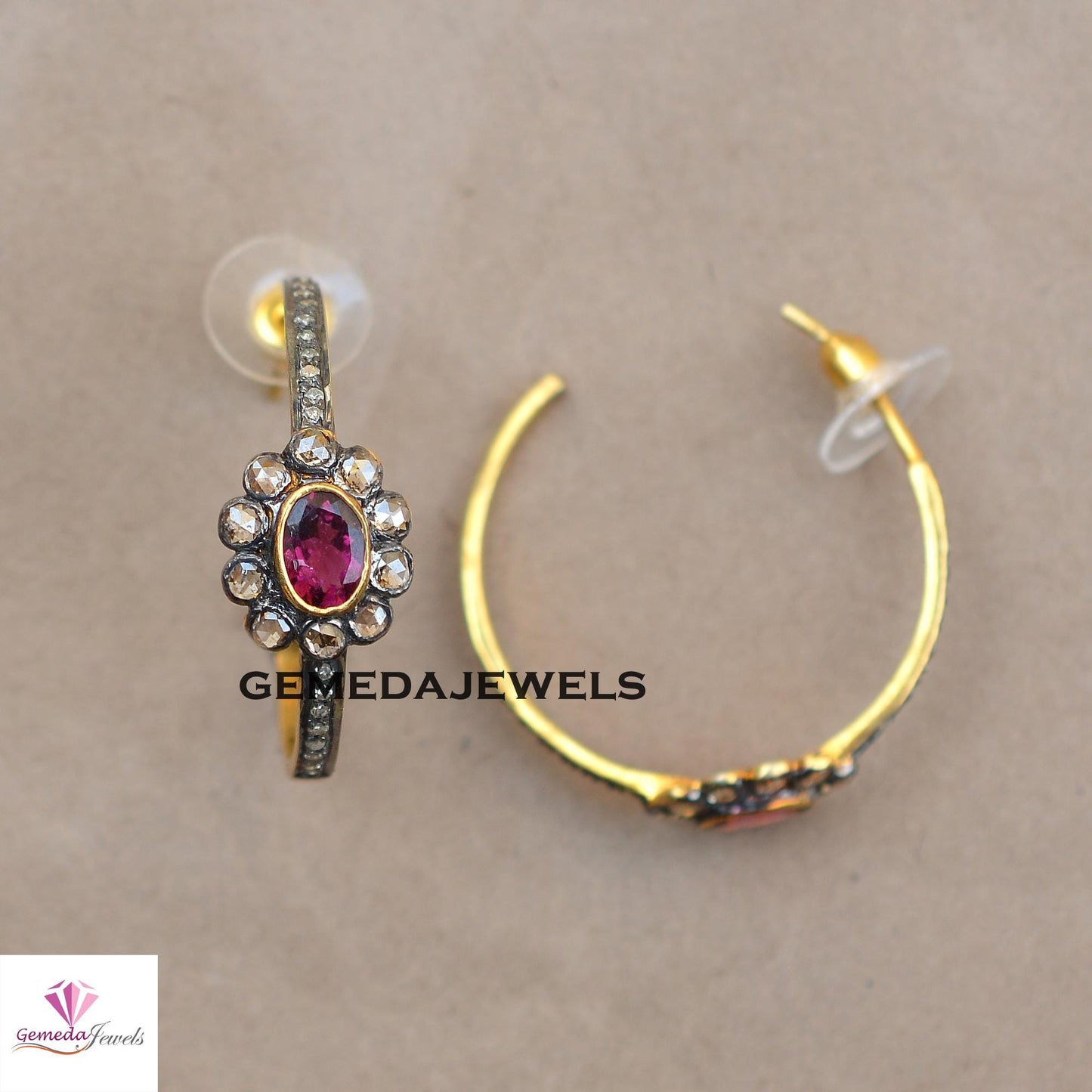 Natural Ruby Gemstone Stud Earrings, Tambuli Diamond Jewelry, Pave Diamond Earrings, Gold Vermeil 925 Silver Stud Jewelry, Valentine's Gift