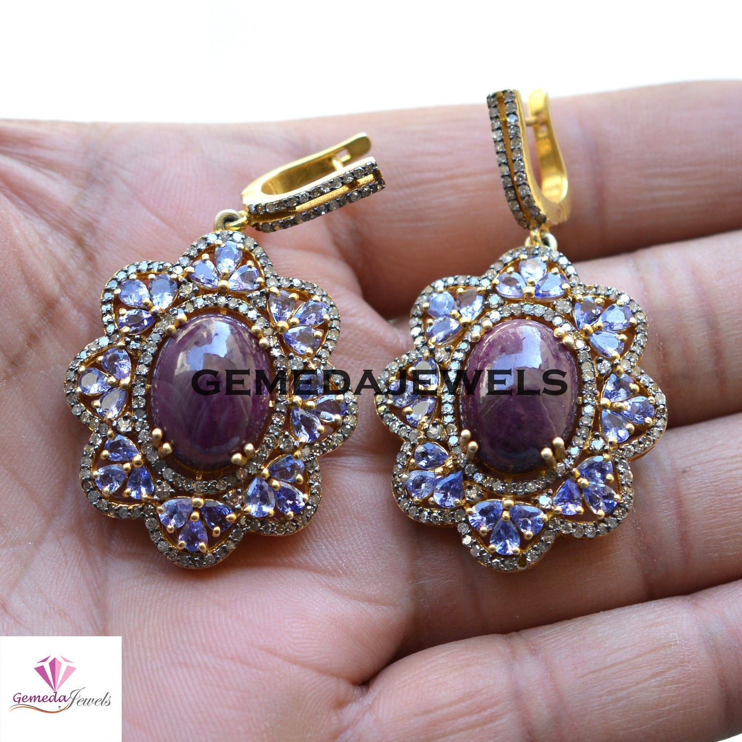 Sale! Classic Ruby Gemstone Earrings, Pave Diamond Jewelry, Sapphire Gemstone Earring, 14k Gold Vermeil 925 Silver Jewelry, Mothers Day Gift