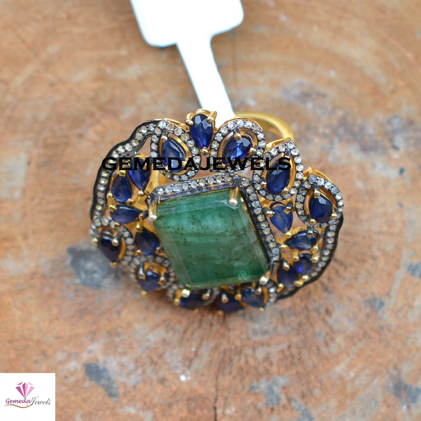 Sale!! Real Emerald Gemstone Ring, Sapphire Gemstone Jewellery, Pave Diamond Ring, Solid 925 Silver 14k Gold Plated Ring, Mothers Day Gift