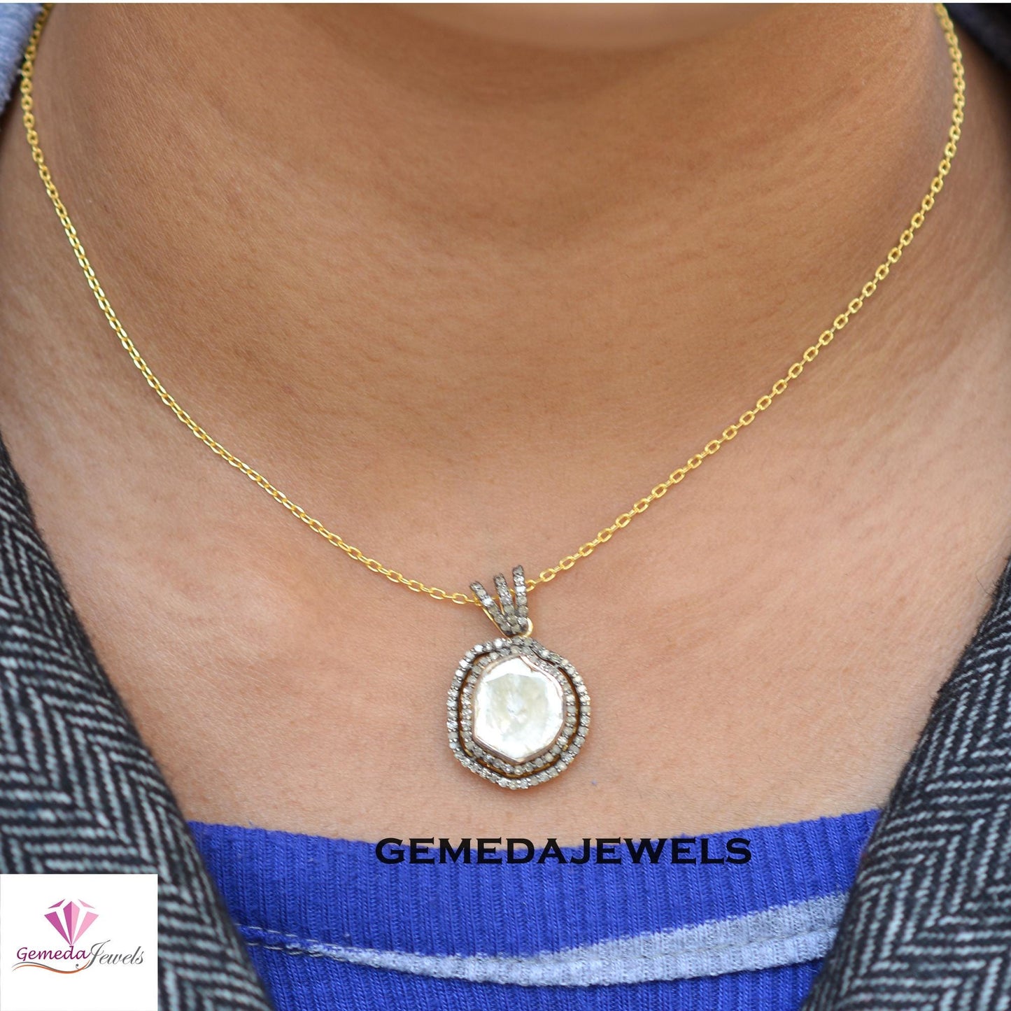 Sale Polki Diamond Pendant, 14k Gold Plated Jewelry, 925 Silver Pendant, Pave Diamond Jewelry, 16" Link Chain Necklace Jewelry, Wedding Gift