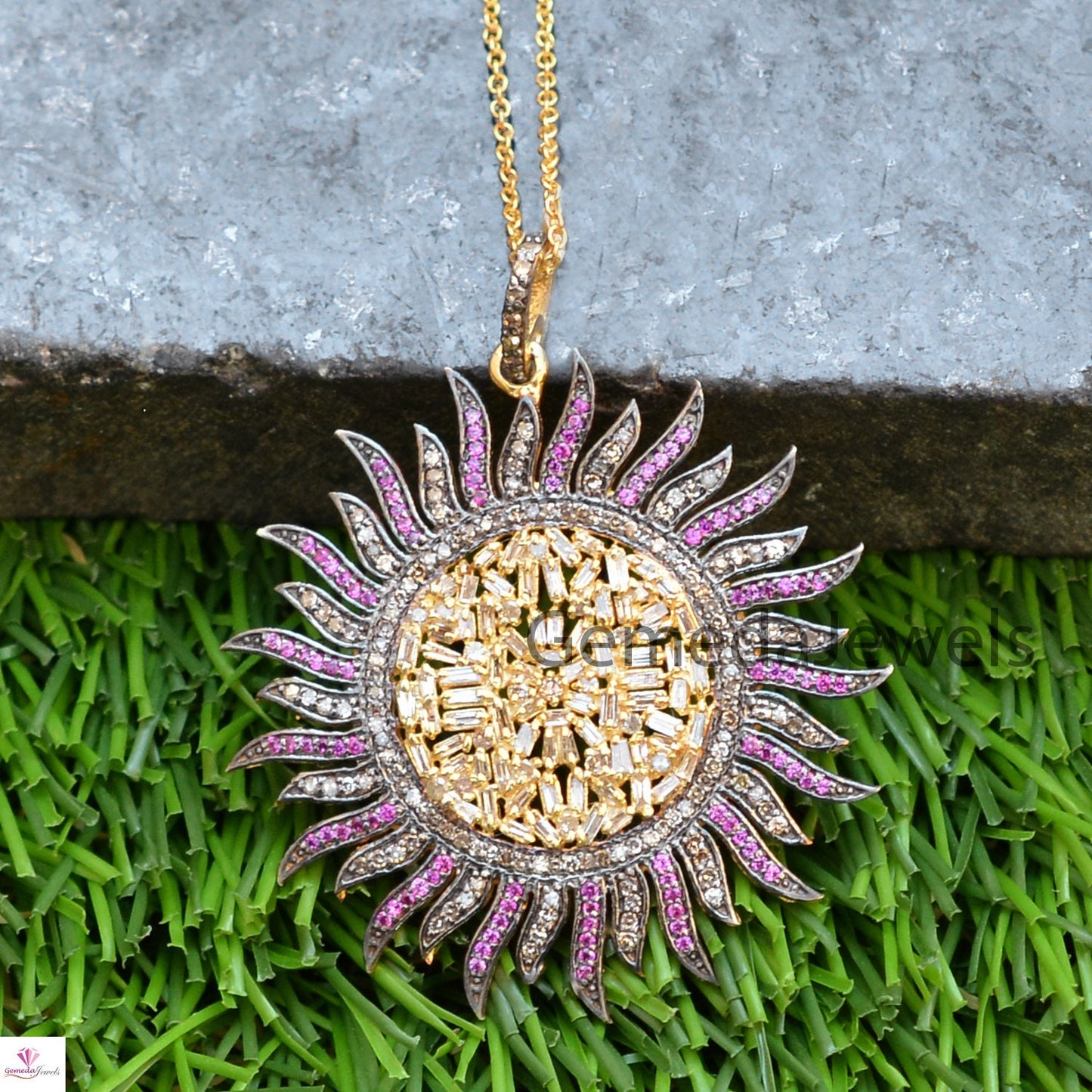 Natural Baguette Diamond Pendant, Ruby Gemstone Pave Diamond Jewelry, Sunflower Pendant Jewelry, Gold Vermeil 925 Silver Jewelry, 16" Chain