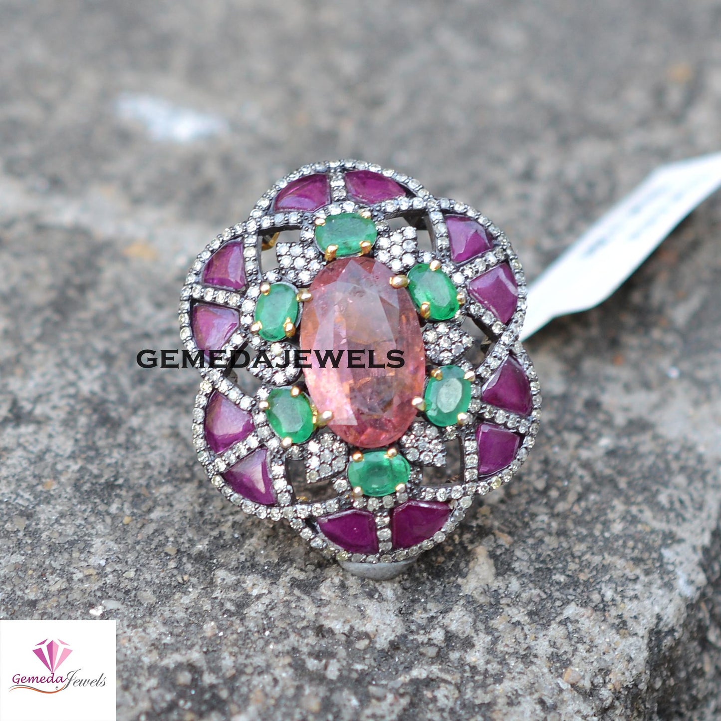 Gorgeous Pink Tourmaline Gemstone Ring, Pave Diamond Jewelry, Emerald 925 Silver Ring, Rhodium Plated Jewelry, Ruby Gemstone Flower Ring