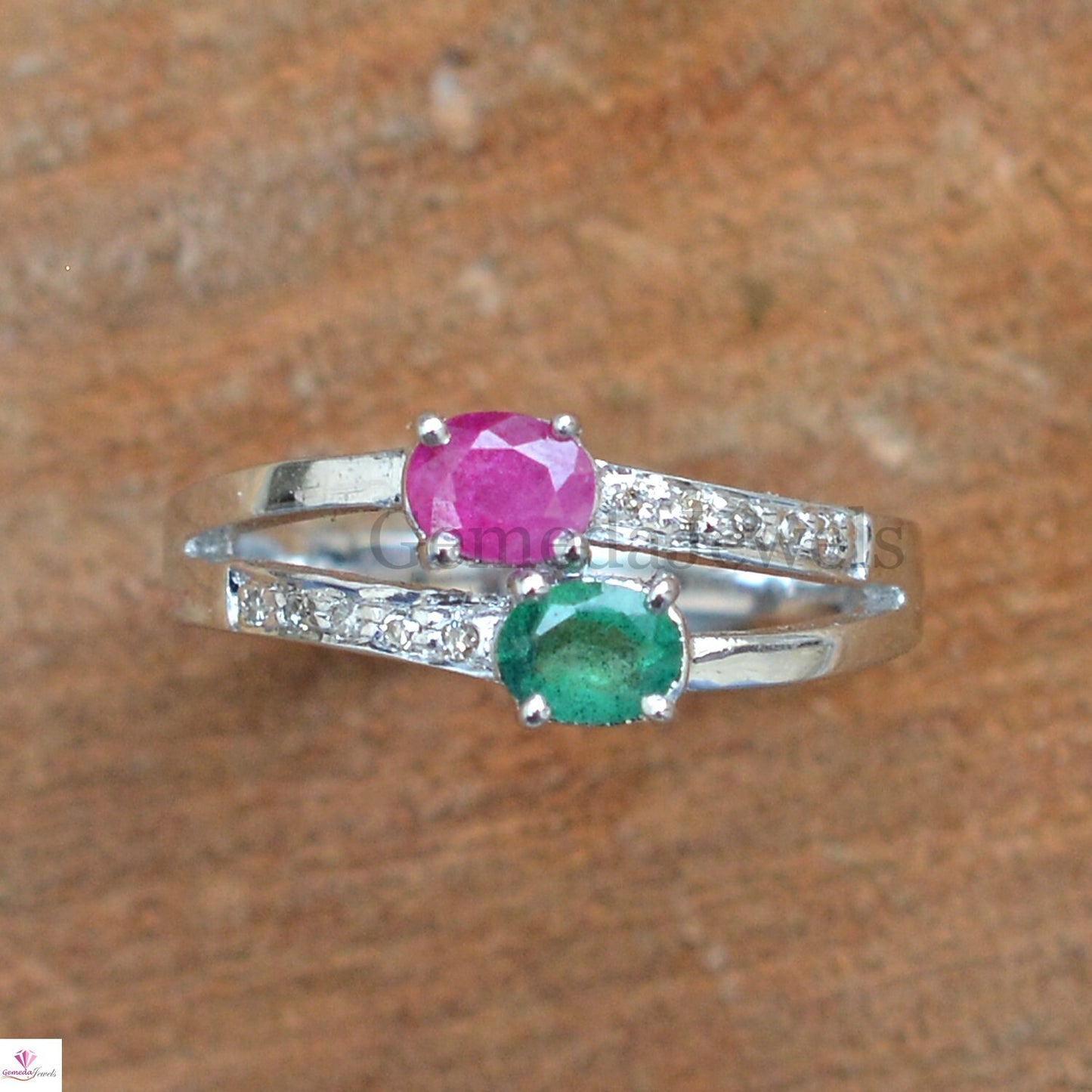 Emerald Ruby Gemstone Silver Ring, Pave Diamond Ring, 925 Sterling Silver Jewelry, Gemstone Ring Jewelry, Engagement Ring, Stacking Ring