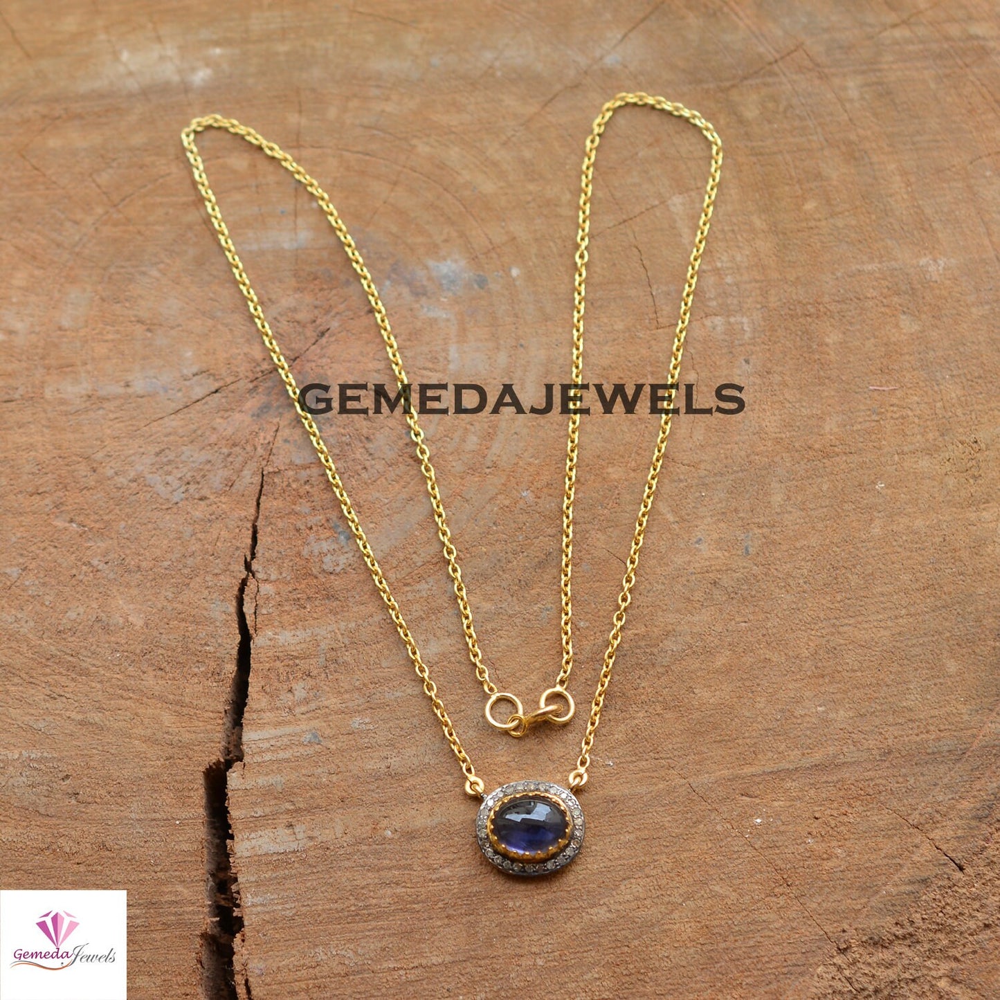 Sapphire Pendant, 925 Silver Jewelry, Pave Diamond Pendant, 14k Gold Plated 18" Link Chain, Gemstone Pendant Necklace, Minimalist Jewelry