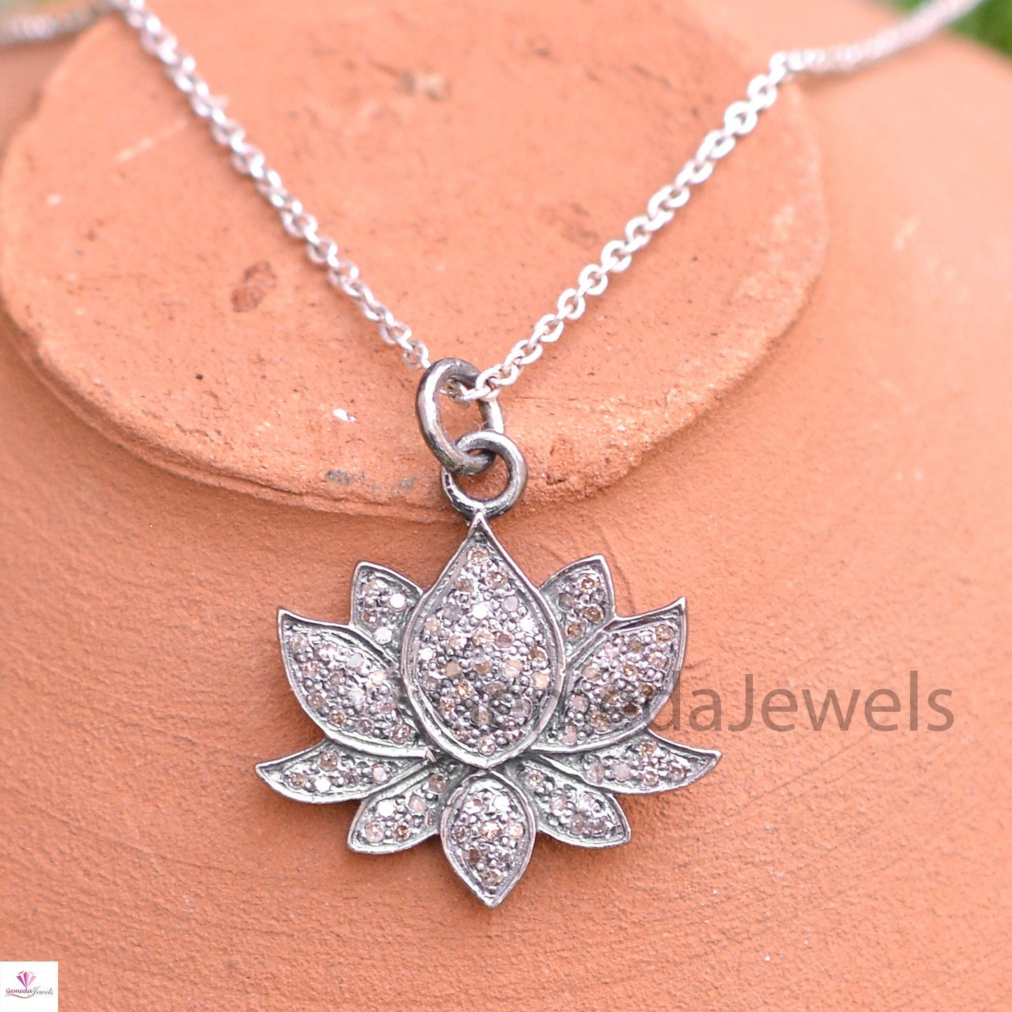 Pave Diamond Lotus Flower Pendant, 925 Sterling Silver Jewelry, Diamond Jewelry, Diamond Flower Jewelry, 16" Silver Chain Necklace, Gifts