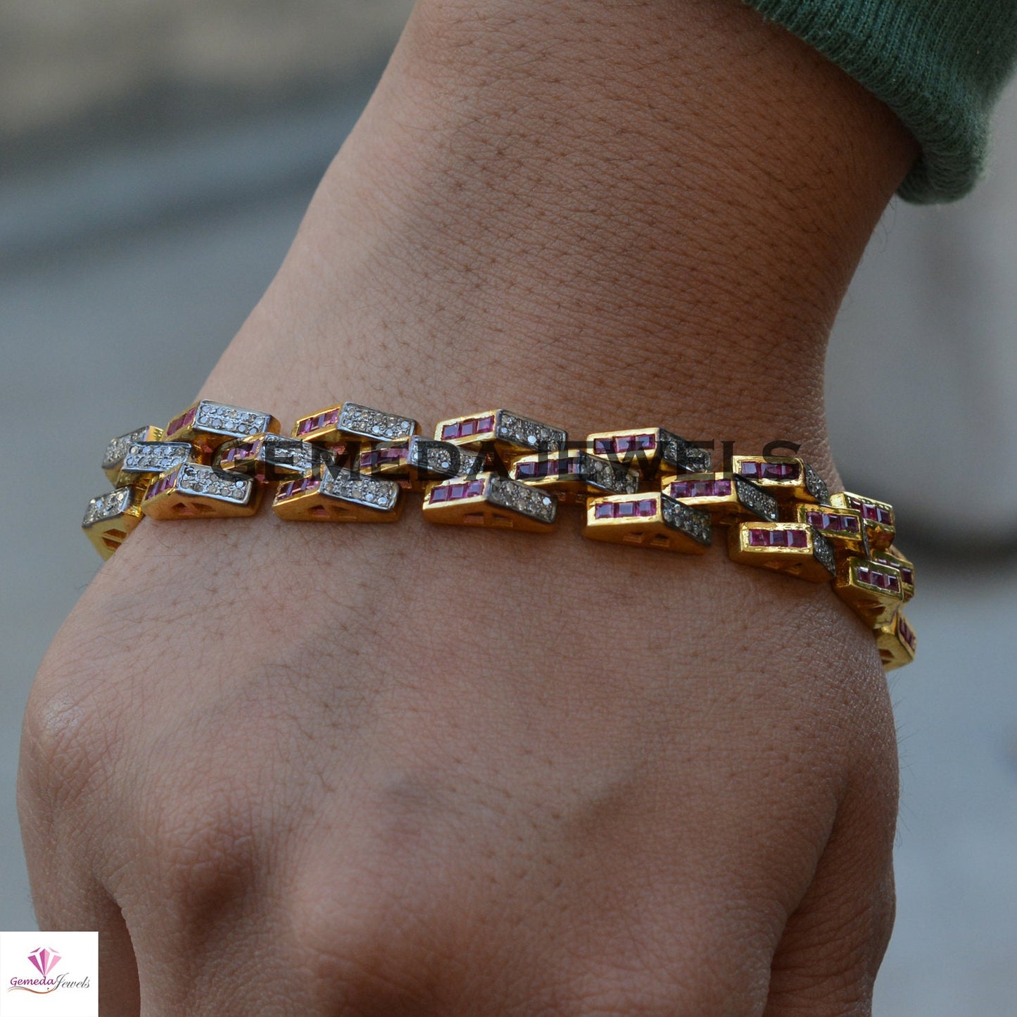 Pave Diamond Bracelet, Ruby Gemstone Link Bracelet, 925 Silver Jewelry, Gold Plated Bracelet, Unisex Jewelry, Gemstone Silver Bracelet, Gift