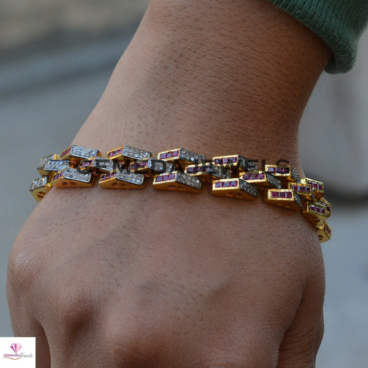 Pave Diamond Bracelet, Ruby Gemstone Link Bracelet, 925 Silver Jewelry, Gold Plated Bracelet, Unisex Jewelry, Gemstone Silver Bracelet, Gift