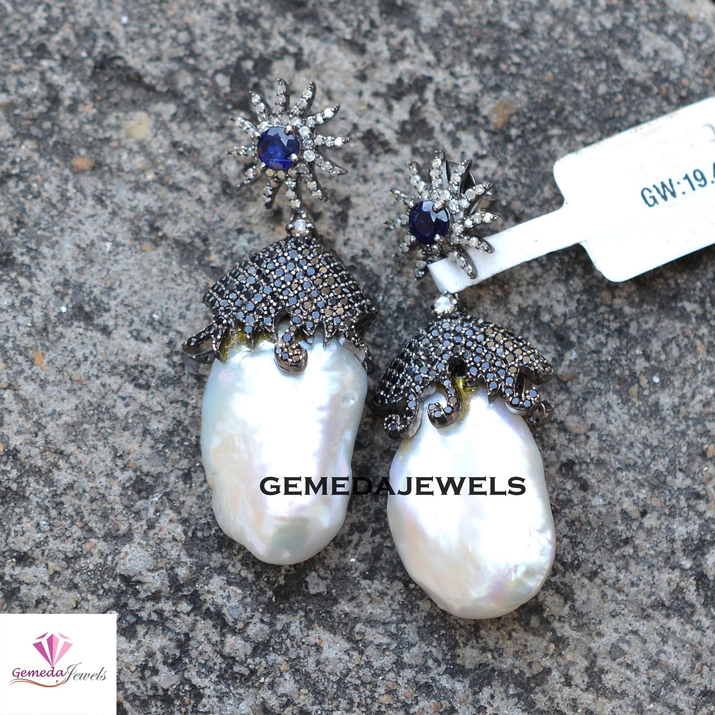 Sale! Charming White Pearl Earrings, Black Spinel Gemstone Jewelry, Sapphire Silver Earring, 925 Silver Jewelry, Pave Diamond Earrings, Gift