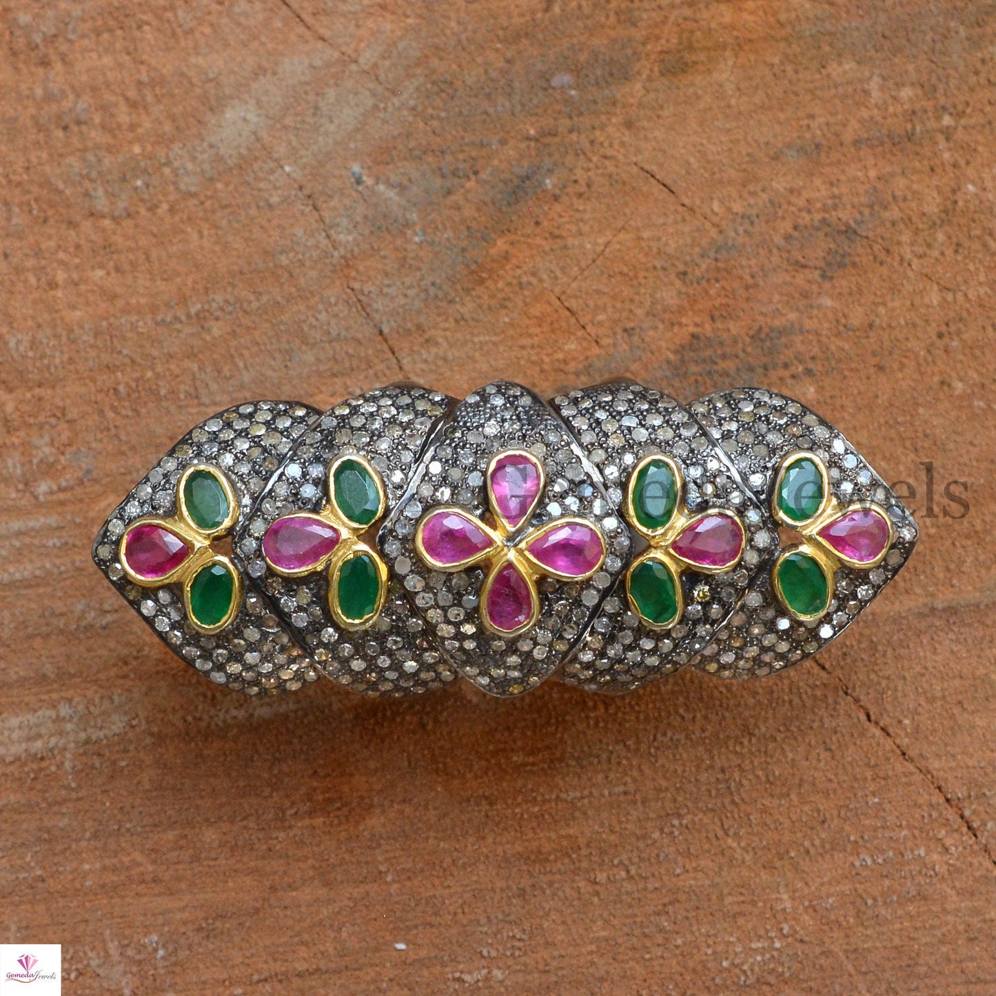 Natural Pave Diamond Gemstone Knuckle Ring, Ruby Emerald Flower Ring, Pave Diamond Full Finger Knuckle Ring, Handmade Jewelry, Gift For Her