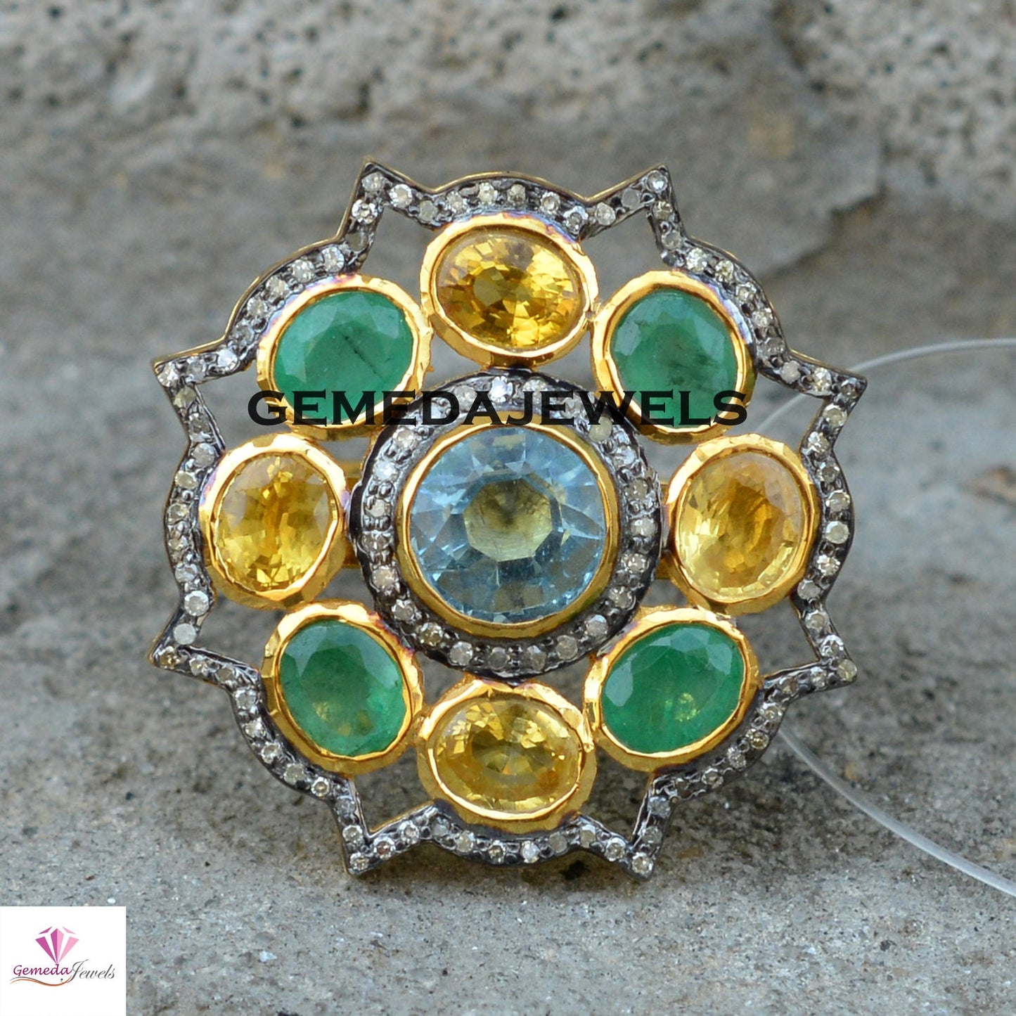 Blue Topaz Ring, Emerald Gemstone Ring, Citrine Ring, Pave Diamond Jewelry, 925 Silver Flower Ring, 14k Gold Vermeil Jewelry, Wedding Gifts