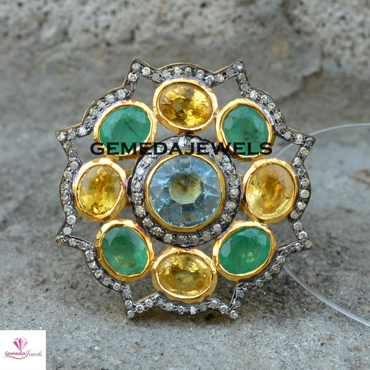 Blue Topaz Ring, Emerald Gemstone Ring, Citrine Ring, Pave Diamond Jewelry, 925 Silver Flower Ring, 14k Gold Vermeil Jewelry, Wedding Gifts