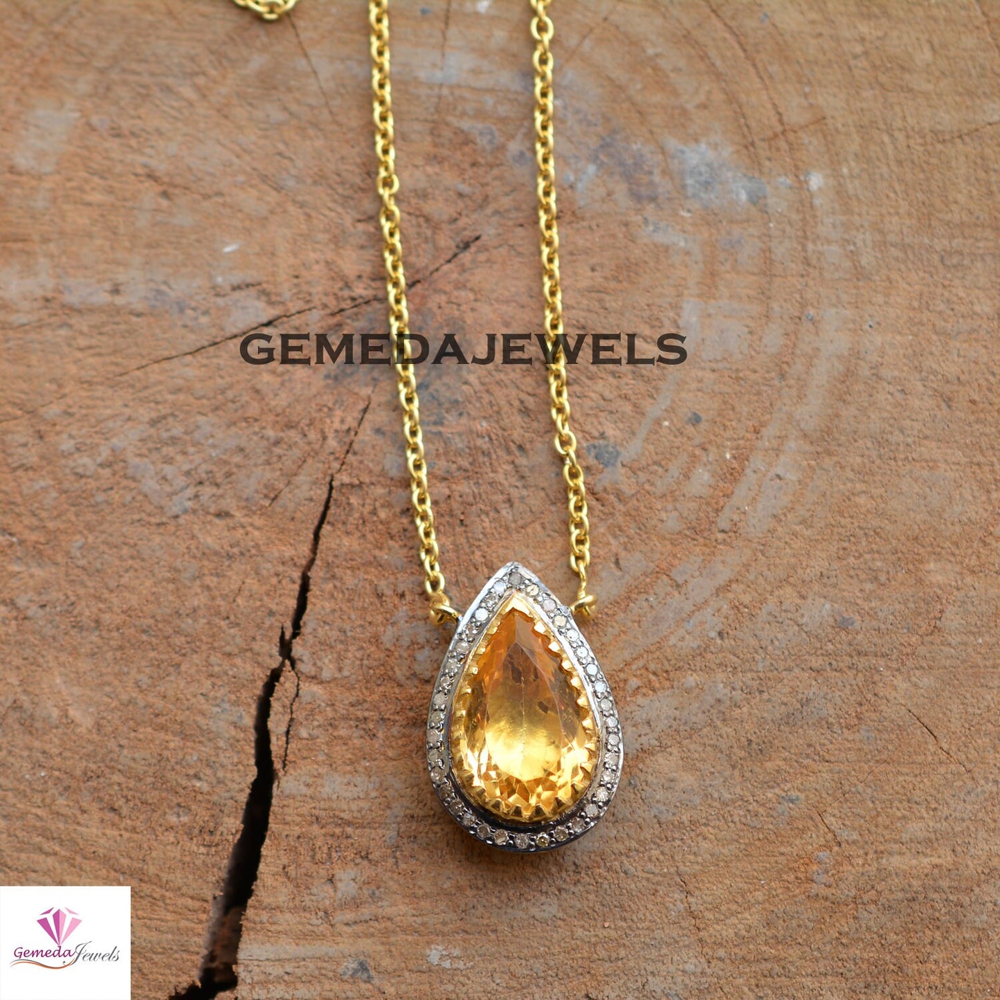 Citrine Charm Pendant, Pave Diamond Jewelry, 925 Silver Jewelry, 14k Gold Plated 18" Link Chain Necklace, Gemstone Jewelry, Gift For her