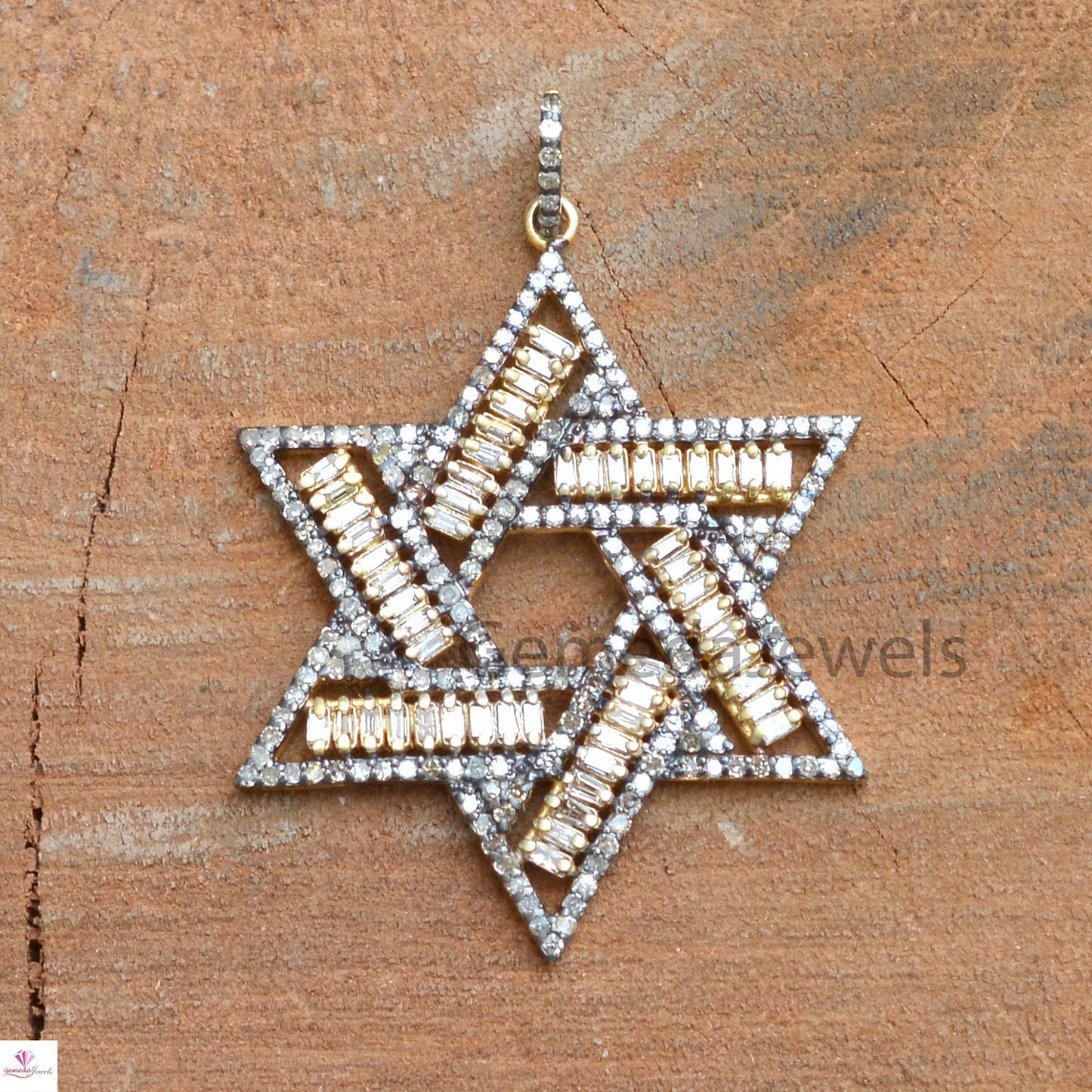 Sale Baguette Diamond Star Pendant, Pave Diamond Handmade Jewelry, 925 Silver Pendant, Star of David Pendant Necklace, 16" Link Chain, Gifts