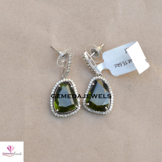 Sale!! Rare Peridot Gemstone Earrings, Pave Diamond Jewelry, Sterling Silver Earrings, White Rhodium Plated Jewelry, Women's Gift Jewelry