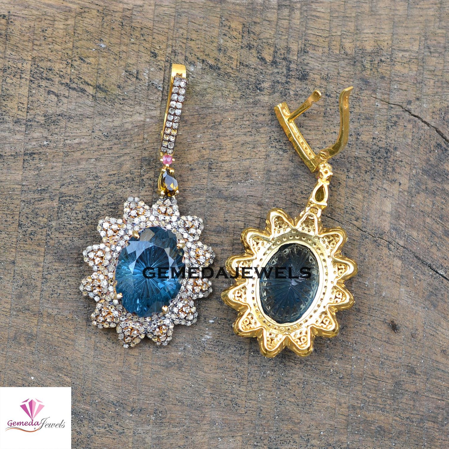 Blue Topaz Earrings, Pave Diamond Flower Earrings, 925 Silver Jewelry, Gemstone Diamond Ring Earrings JEWELLERY SET, Gold Vermeil Jewelry