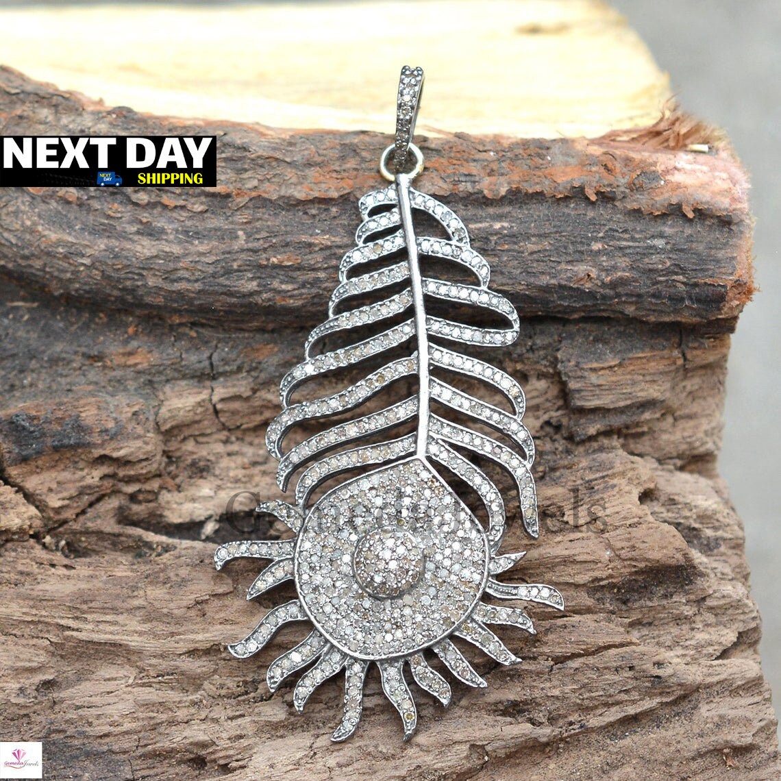 Pave Diamond Pendant, 925 Silver Pendant, Diamond Jewellery, Peacock Feather Pendant, 16" Link Chain Pendant Necklace, Valentine's Gifts