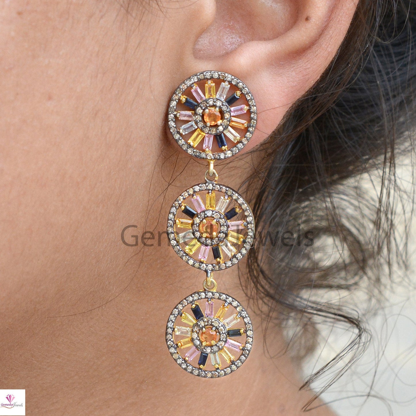 Multi Sapphire Earrings, Pave Diamond Disc Earrings, 925 Silver Jewelry, Gold Vermeil Earrings, Designer Dangle Earring, Valentine Day Gifts