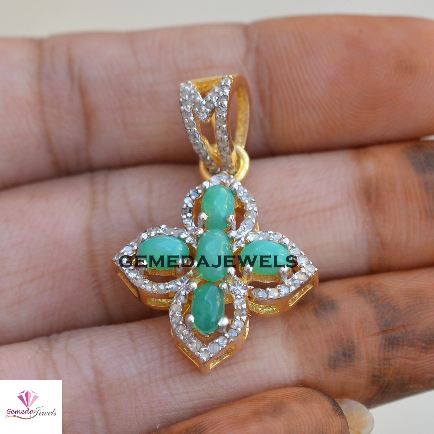 Charming Green Opal Pendant, Pave Diamond Pendant, 925 Silver Jewelry, 14k Gold Vermeil Jewelry, 16" Link Chain Necklace, Flower Pendant
