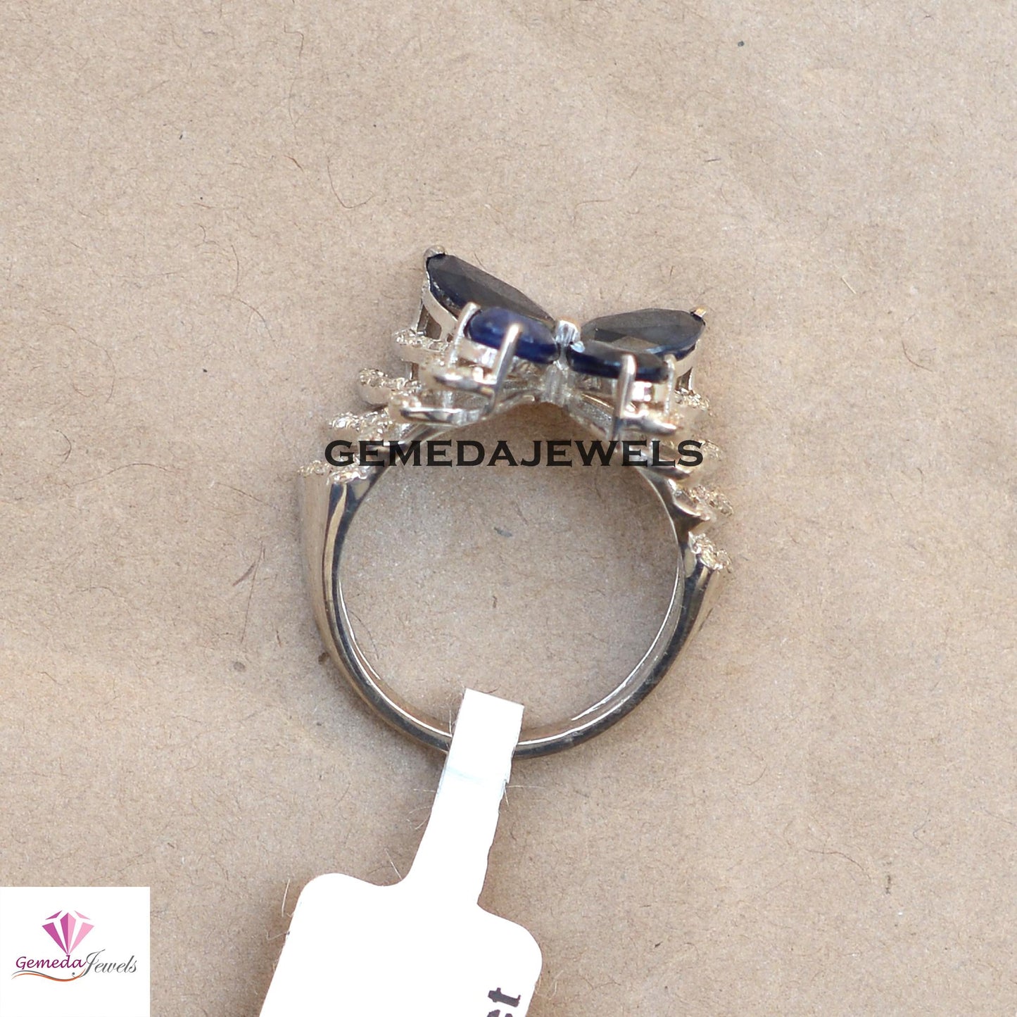Sale Stunning Blue Sapphire Ring, Butterfly Design Ring Jewelry, Sterling Silver Ring, Pave Diamond Ring, White Rhodium Plated Jewelry, Gift