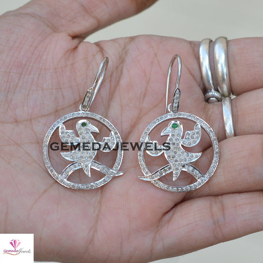 Pave Diamond Bird Earrings, 925 Sterling Silver Jewelry, White Rhodium Plated Earrings, Diamond Silver Earrings, Ear Wire Earring, Gifts