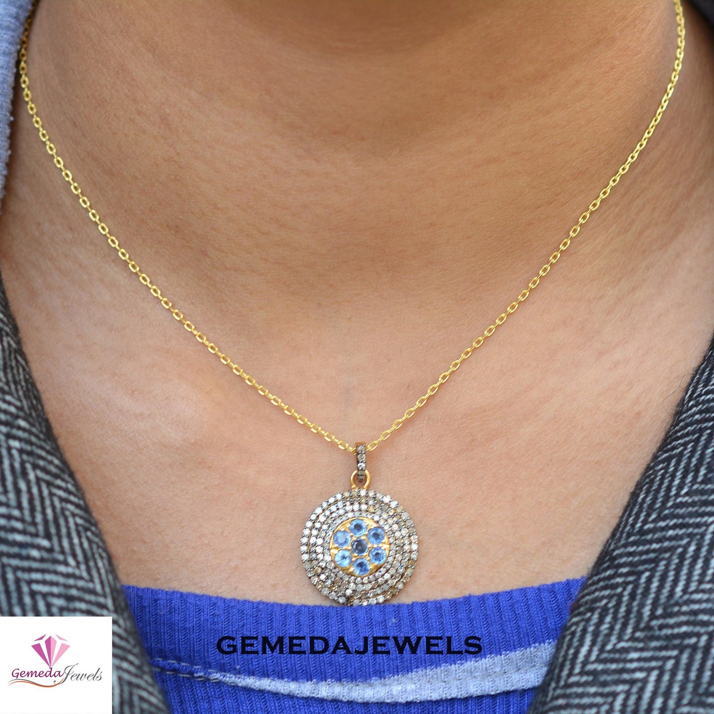 Natural Blue Sapphire Charm Pendant, Pave Diamond Jewelry, Gemstone 925 Silver Pendant, Gold Vermeil Jewelry, 16" Link Chain Necklace, Gift