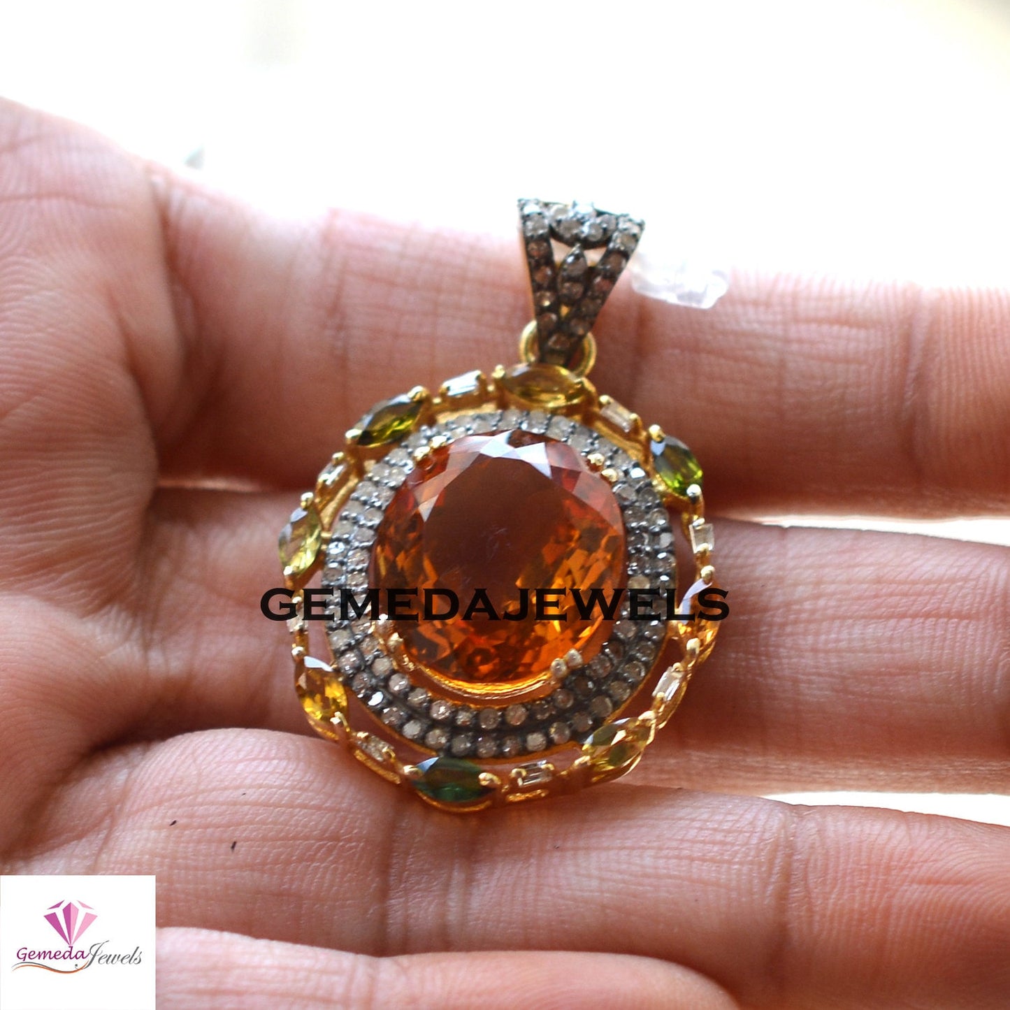 New Arrival Citrine Diamond Pendant, Pave Diamond Jewelry, Multi Gemstone Pendant, 925 Silver Jewelry, 14k Gold Plated Pendant, 16" Chain