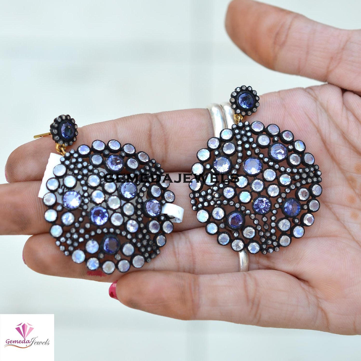 Genuine Tanzanite Earrings, Moonstone Earrings Jewelry, Gemstone Diamond Earring, 925 Silver Jewelry, Rhodium Plated Earrings, Gift For Her