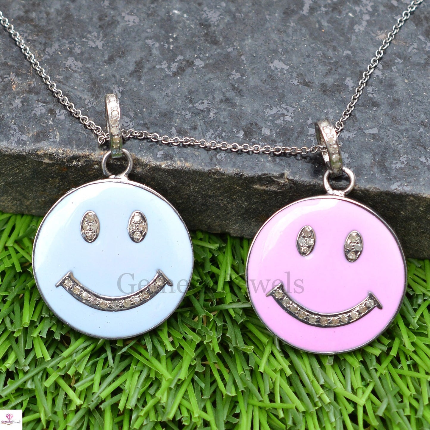 Pink Blue Enamel Pendant, 925 Silver Jewelry, Smiley Face Pendant Jewelry, Pave Diamond Charm Pendant, 16" Chain Necklace, Unisex Pendant