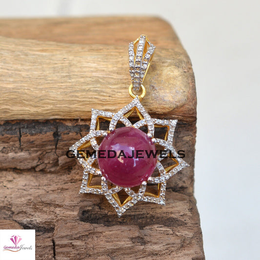Dazzling Ruby Gemstone Pendant, 925 Silver Jewelry, 14k Gold Vermeil Pendant, Pave Diamond Jewelry, 16" Link Chain Pendant Necklace, Gift