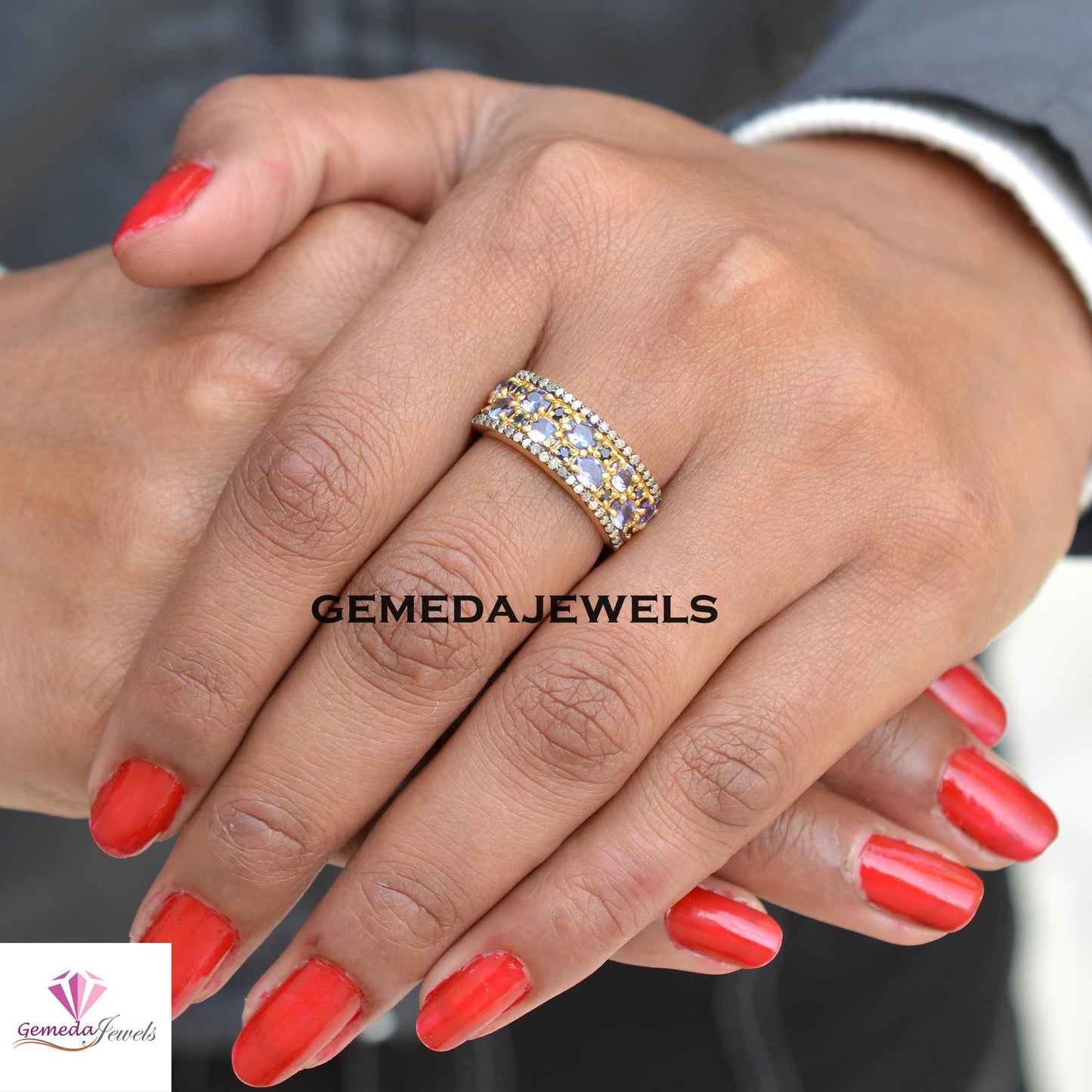 Natural Tanzanite Gemstone Ring, Sapphire Band Ring Jewelry, Pave Diamond Ring, Solid 925 Silver Jewelry, 14k Gold Plated Jewelry, Gift